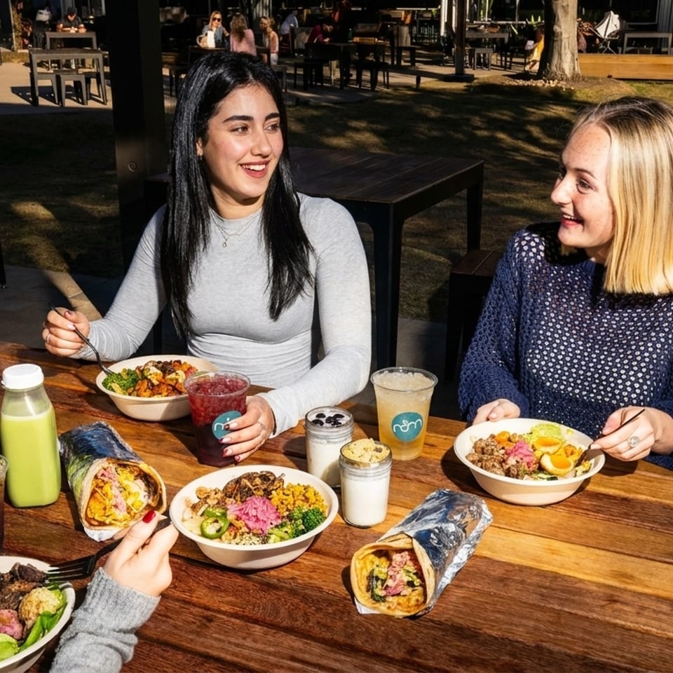 Two women enjoying healthy bowls and drinks at an outdoor restaurant table on a sunny day.